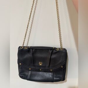 MCM Black Pebbled Leather Studded Flap Shoulder Bag w/ Chain Strap Vintage rare